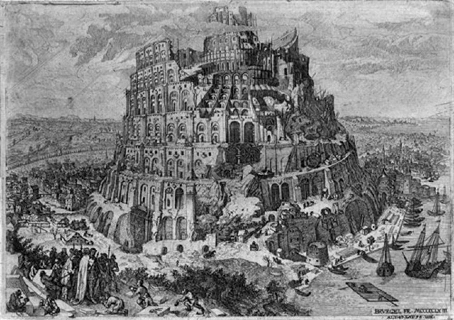 zwart-wit afbeelding van Der Turmbau zu Babel door Anton Joseph von Prenner