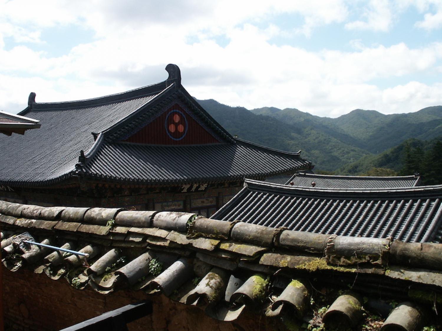 dak van een Boeddhistische tempel met in de achtergrond bergen
