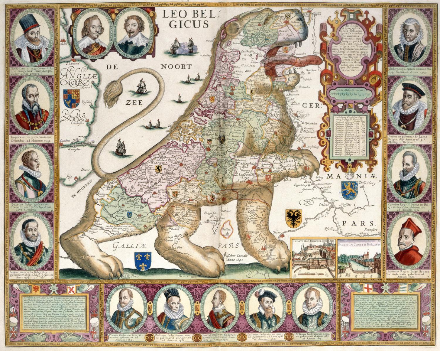 kaart in de vorm van een leeuw, getiteld "Leo Belgicus"
