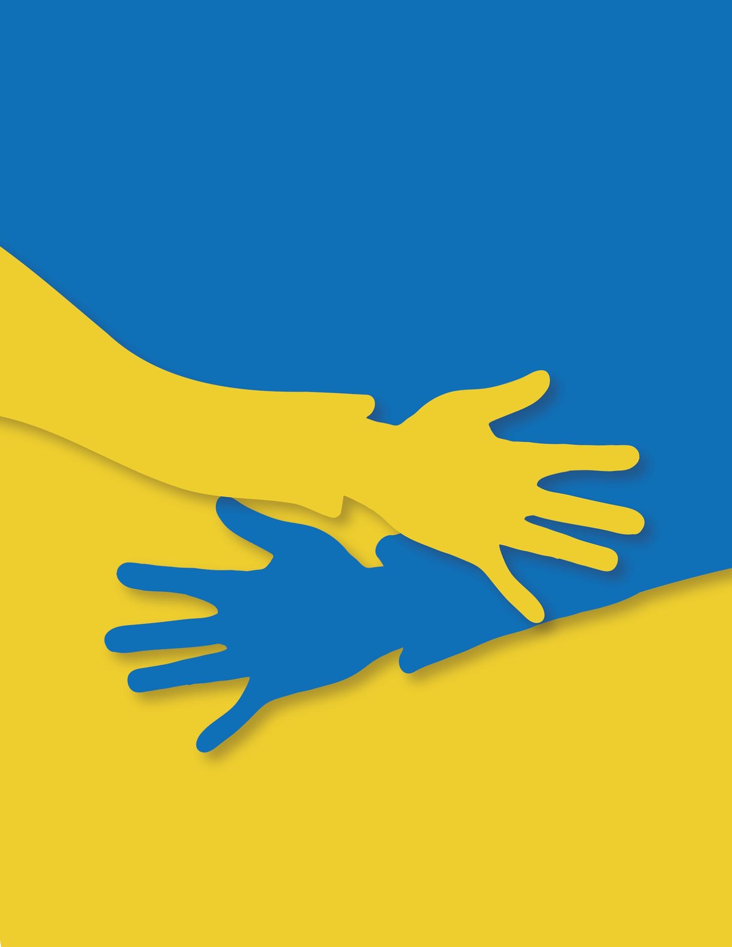 twee handen in blauw-geel, de kleuren van de Oekraïense vlag