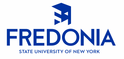 blauw-wit logo van Fredonia Statue University of New York